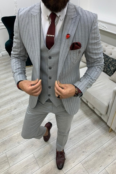 Gray Slim Fit Peak Lapel Striped Suit for Men by GentWith.com with Free Worldwide Shipping