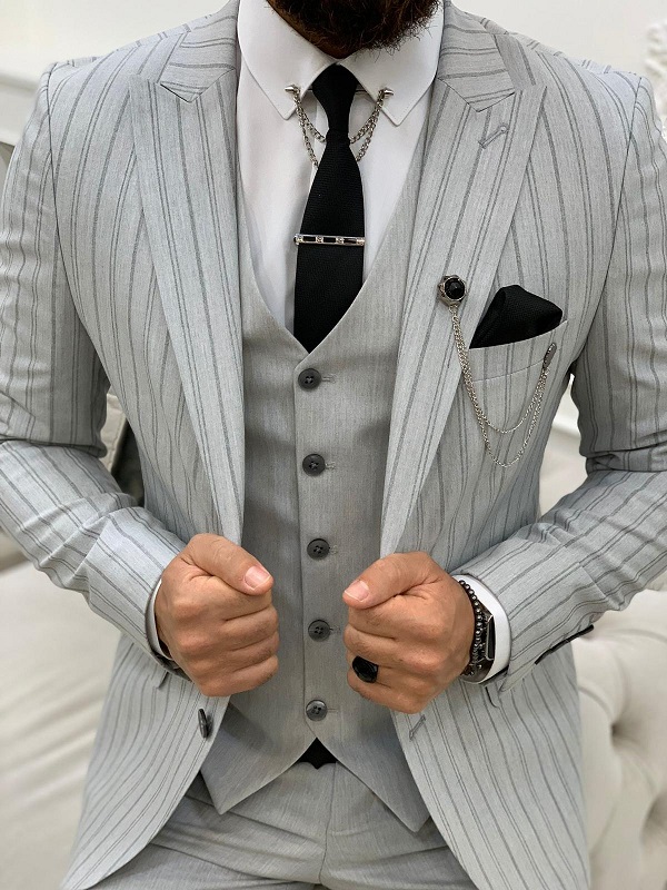 Gray Slim Fit Peak Lapel Striped Suit by GentWith | Worldwide Shipping
