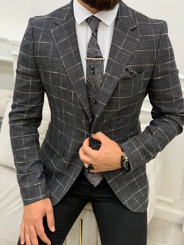 Gray Slim Fit Plaid Blazer by GentWith.com | Worldwide Shipping