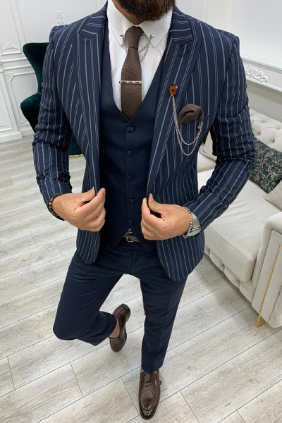 Navy Blue Slim Fit Peak Lapel Striped Suit for Men by GentWith.com with Free Worldwide Shipping