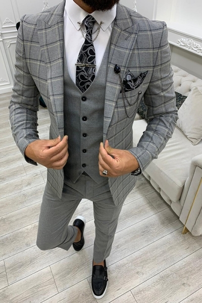 Gray Slim Fit Peak Lapel Plaid Suit for Men by GentWith.com with Free Worldwide Shipping