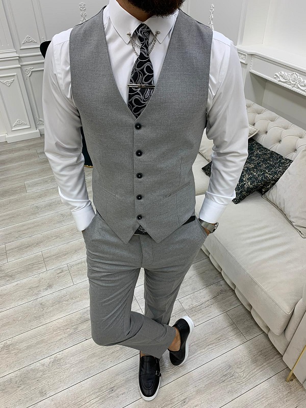 Gray Slim Fit Peak Lapel Plaid Suit for Men by GentWith.com with Free Worldwide Shipping