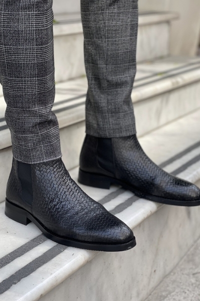 Black Woven Leather Chelsea Boots for Men by GentWith.com with Free Worldwide Shipping