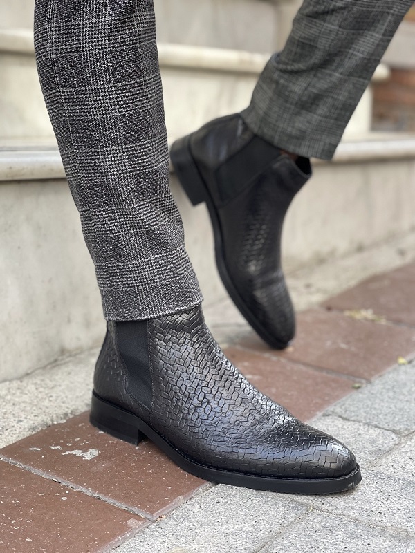 Black Woven Leather Chelsea Boots for Men by GentWith.com with Free Worldwide Shipping