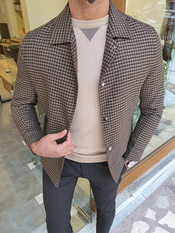Brown Slim Fit Plaid Jacket for Men by Gentwith.com with Free Worldwide Shipping