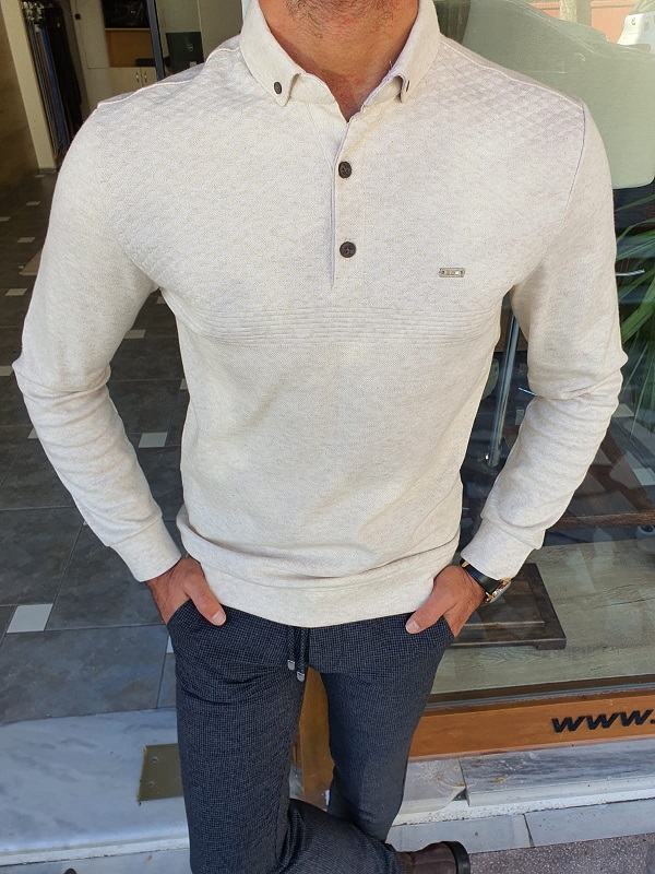 Beige Slim Fit Long Sleeve Polo Shirt for Men by GentWith.com with Free Worldwide Shipping