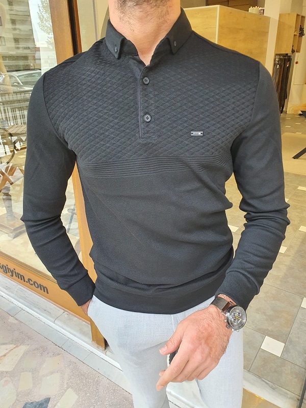 Black Slim Fit Long Sleeve Polo Shirt for Men by GentWith.com with Free Worldwide Shipping
