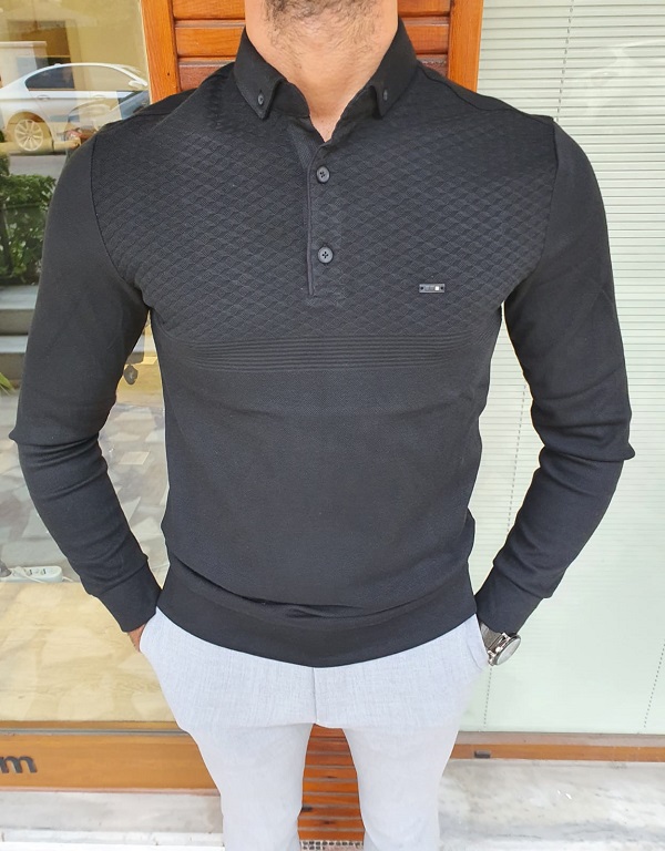 GentWith Enid Black Slim Fit Long Sleeve Polo Shirt 