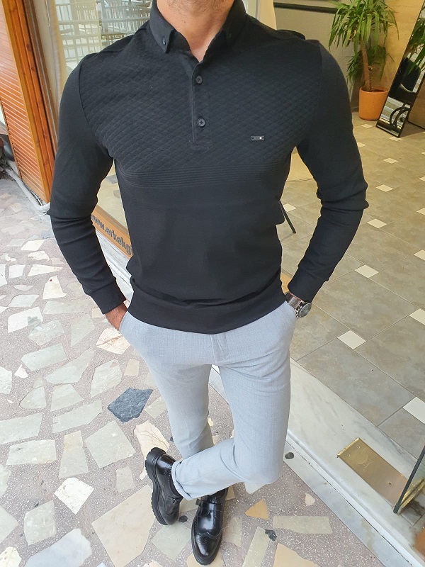 MEN'S SLIM-FIT BLACK LONG SLEEVE POLO