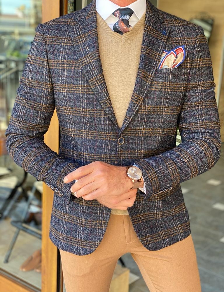 Blue Slim Fit Plaid Wool Blazer for men for Men by Gentwith.com with Free Worldwide Shipping