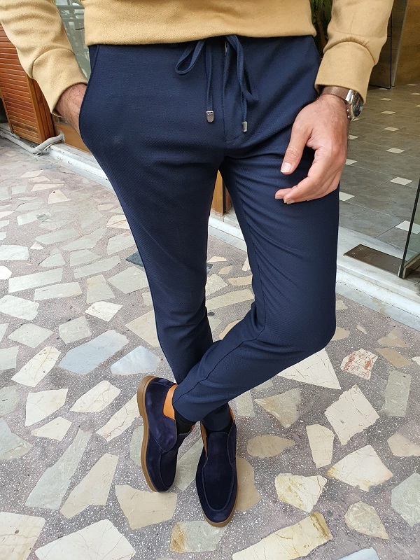 Dark Blue Slim Fit Lace Up Pants for Men by