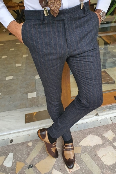 Dark Blue Slim Fit Striped Pants for Men by GentWith.com with Free Worldwide Shipping