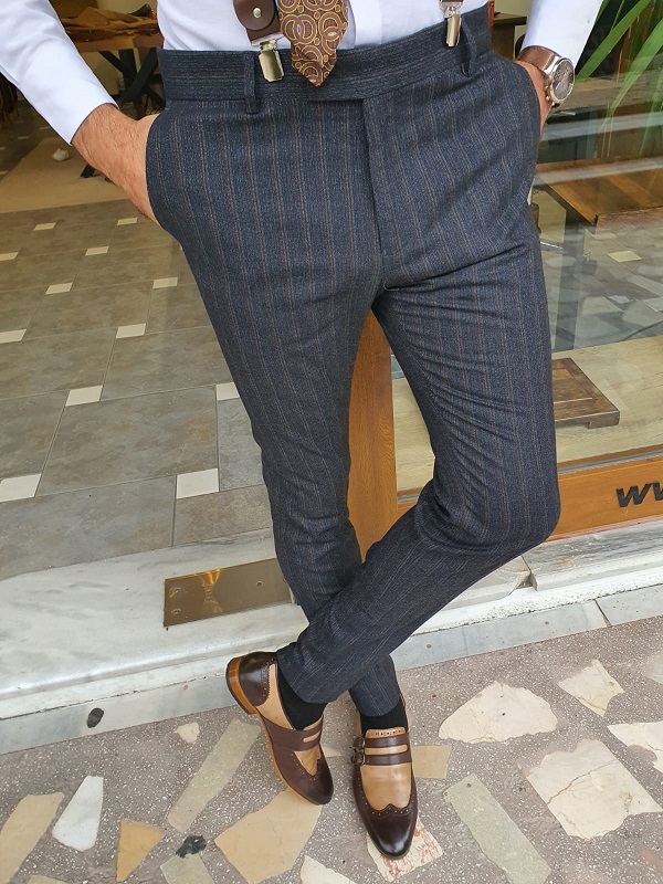 Dark Blue Slim Fit Striped Pants for Men by GentWith.com with Free Worldwide Shipping