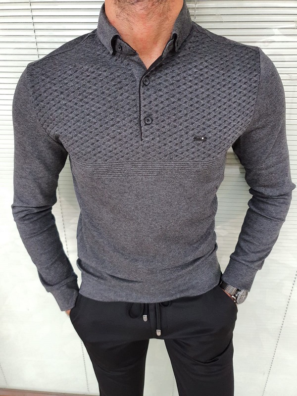 Dark Gray Slim Fit Long Sleeve Polo Shirt for Men by GentWith.com with Free Worldwide Shipping