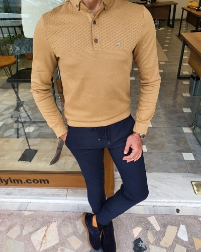 Mustard Slim Fit Long Sleeve Polo Shirt for Men by GentWith.com with Free Worldwide Shipping