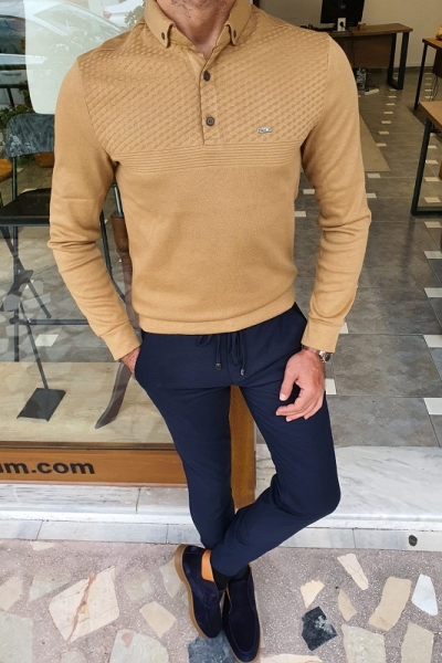 Mustard Slim Fit Long Sleeve Polo Shirt for Men by GentWith.com with Free Worldwide Shipping