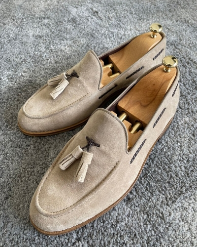 Beige Suede Tassel Loafers for Men by Gentwith.com with Free Worldwide Shipping