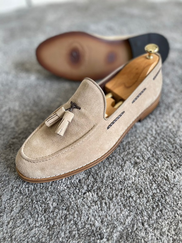 Beige Suede Tassel Loafers for Men by Gentwith.com with Free Worldwide Shipping