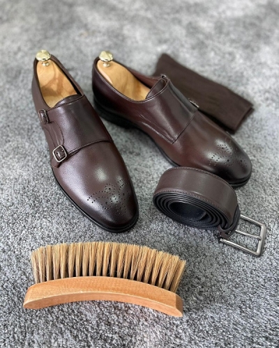 Brown Double Monk Straps for Men by Gentwith.com with Free Worldwide Shipping