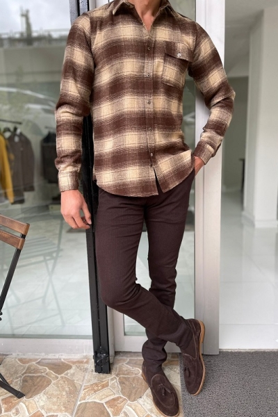 Brown Slim Fit Plaid Lumberjack Shirt for Men by Gentwith.com with Free Worldwide Shipping