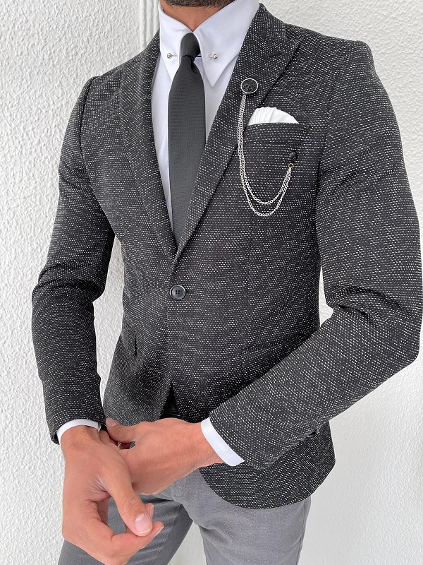 Dark Gray Slim Fit Peak Lapel Wool Blazer for Men by Gentwith.com with Free Worldwide Shipping
