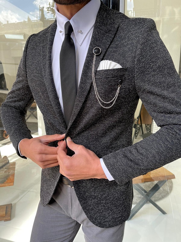 Dark Gray Slim Fit Peak Lapel Wool Blazer for Men by Gentwith.com with Free Worldwide Shipping