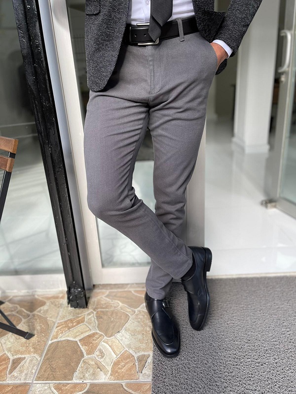 Gray Slim Fit Cotton Lycra Pants for Men by GentWith.com