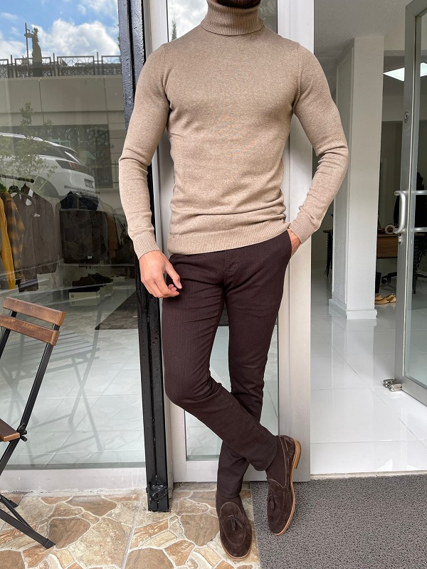 Light Brown Slim Fit Turtleneck Sweater for Men by Gentwith.com with Free Worldwide Shipping