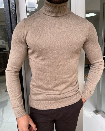Light Brown Slim Fit Turtleneck Sweater for Men by Gentwith.com with Free Worldwide Shipping