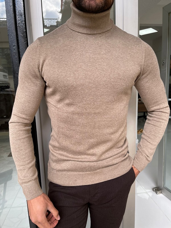 GentWith Hazard Light Brown Slim Fit Turtleneck Sweater 