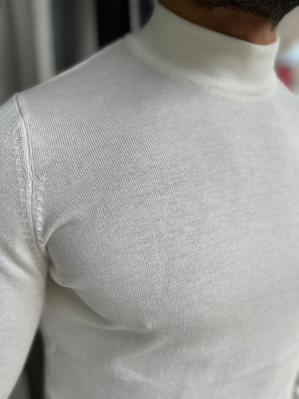 Off White Slim Fit Mock Turtleneck Sweater for Men by Gentwith.com with Free Worldwide Shipping
