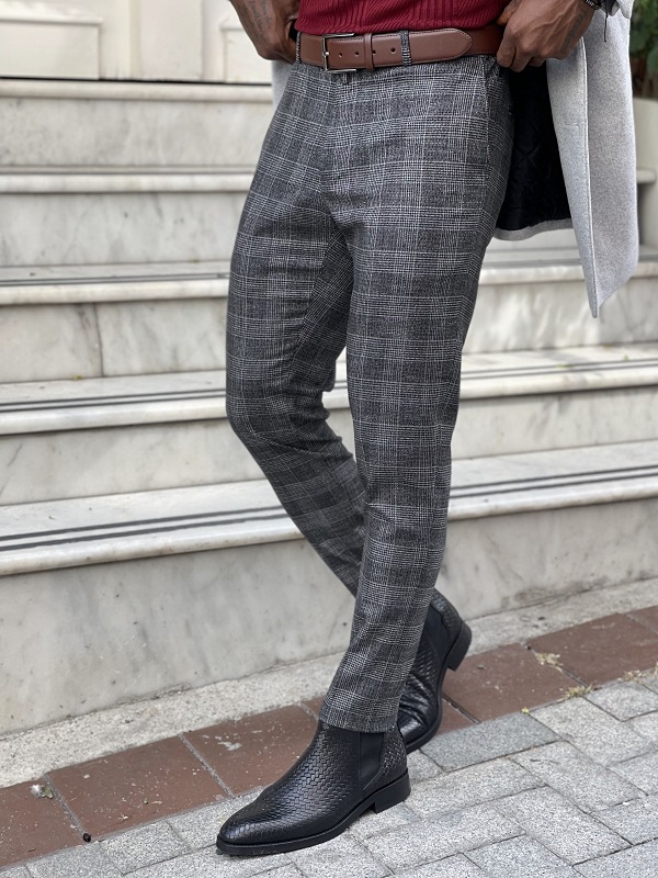 Black Slim Fit Plaid Pants for Men by GentWith.com with Free Worldwide Shipping