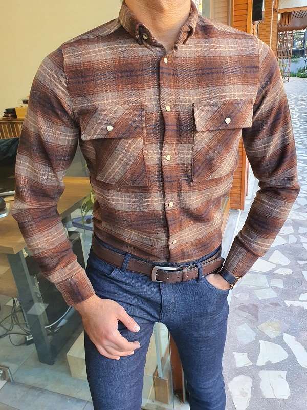 GentWith Lawton Brown Slim Fit Plaid Lumberjack Shirt 