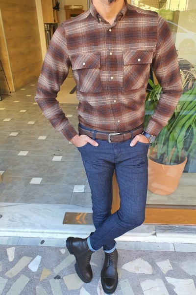 Brown Slim Fit Plaid Lumberjack Shirt for Men by Gentwith.com with Free Worldwide Shipping