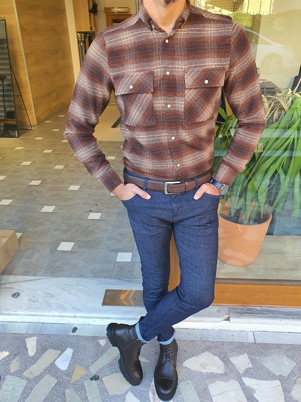 Brown Slim Fit Plaid Lumberjack Shirt for Men by Gentwith.com with Free Worldwide Shipping