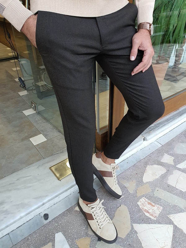 Dark Brown Slim Fit Linen Pants for Men by Gentwith.com with Free Worldwide Shipping