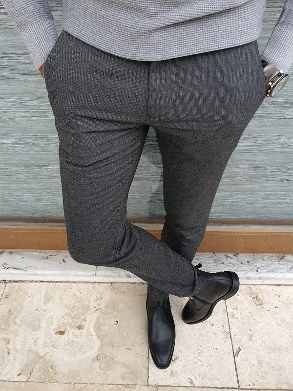Dark Gray Slim Fit Linen Pants for Men by Gentwith.com with Free Worldwide Shipping