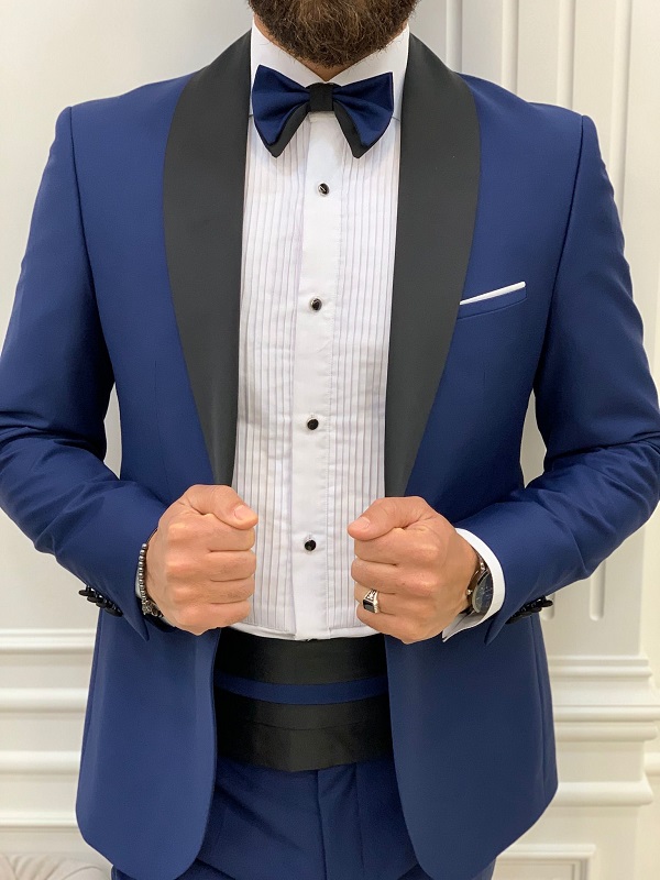 Blue Slim Fit Shawl Lapel Cummerbund Tuxedo by GentWith.com