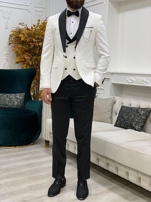 White Slim Fit Shawl Lapel Tuxedo for Men by GentWith.com with Free Worldwide Shipping