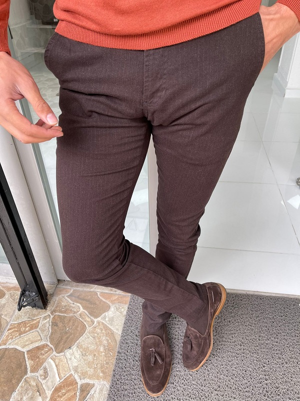 Brown Slim Fit Cotton Lycra Pants for Men by Gentwith.com with Free Worldwide Shipping