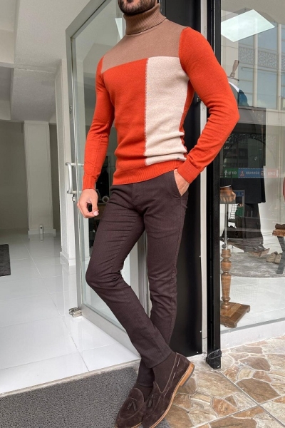 Orange Slim Fit Turtleneck Sweater for Men by Gentwith.com with Free Worldwide Shipping