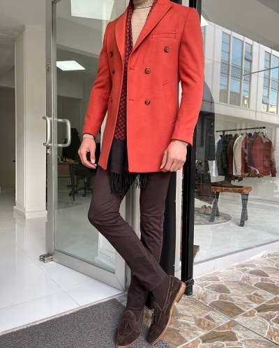 Tile Slim Fit Double Breasted Wool Long Coat for Men by Gentwith.com with Free Worldwide Shipping