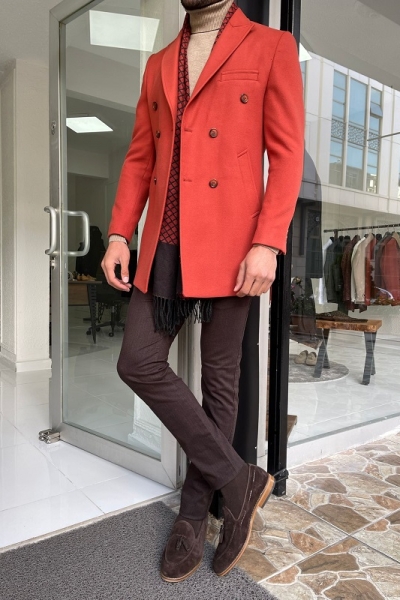 Tile Slim Fit Double Breasted Wool Long Coat for Men by Gentwith.com with Free Worldwide Shipping