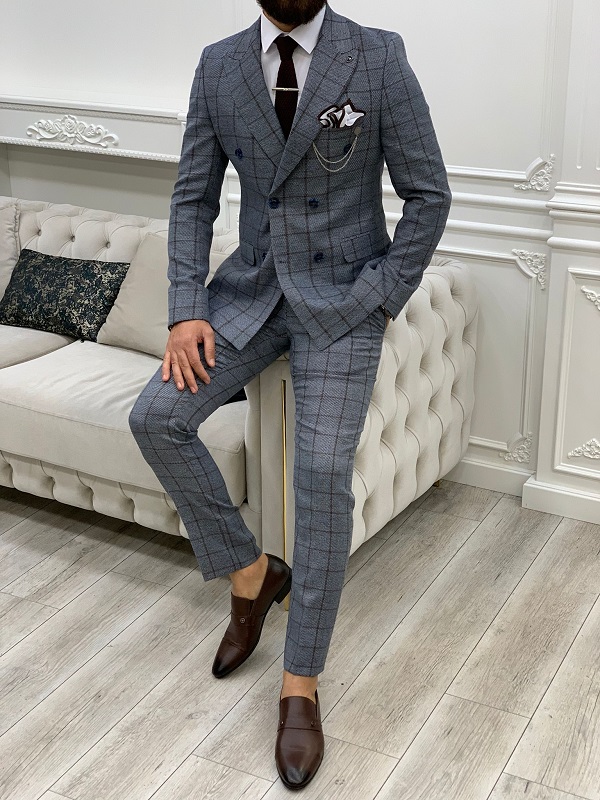 Blue Slim Fit Double Breasted Plaid Suit by GentWith.com