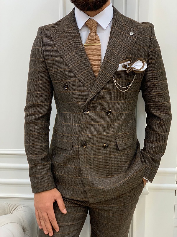 Brown Slim Fit Double Breasted Plaid Suit by GentWith.com