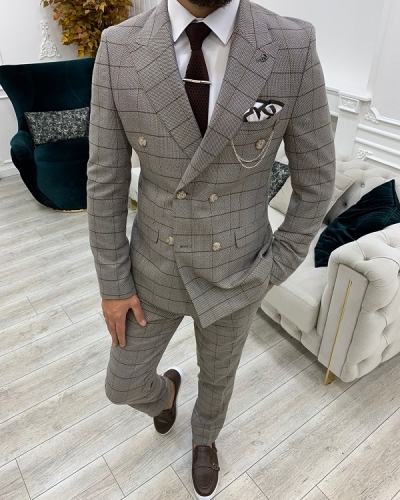 Light Brown Slim Fit Double Breasted Plaid Suit for Men by GentWith.com with Free Worldwide Shipping