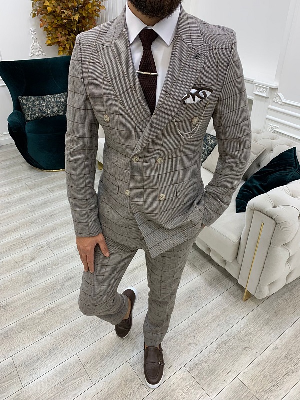 Light Brown Slim Fit Double Breasted Plaid Suit by GentWith.com
