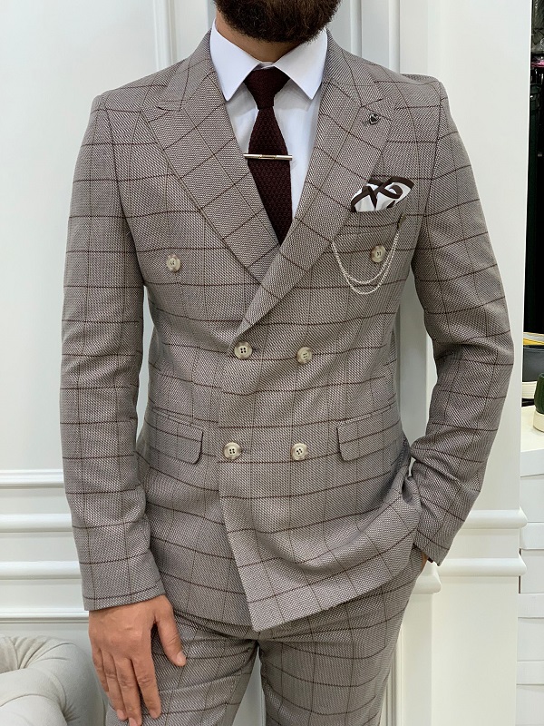 Light Brown Slim Fit Double Breasted Plaid Suit by GentWith.com