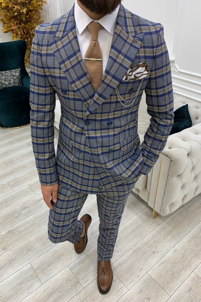 Blue Slim Fit Double Breasted Plaid Suit for Men by GentWith.com with Free Worldwide Shipping