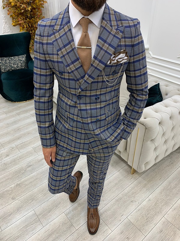 Blue Slim Fit Double Breasted Plaid Suit by GentWith.com